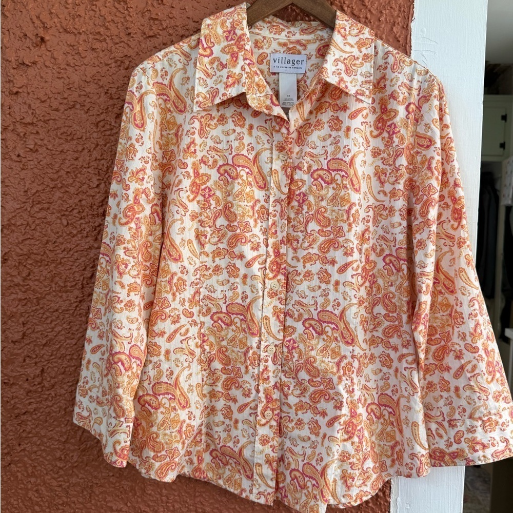 Women’s Orange and Pink Paisly Button Down Shirt Villager Liz Claiborne Size 12